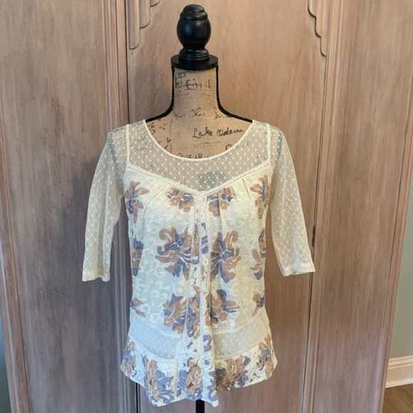 Anthropologie mesh top Y2K sheer Ivory Anja Floral Blouse Boho Lace Crochet XS - Picture 4 of 16